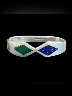 🟦SALE🟦 Vintage Taxco sterling malachite and lapis Heavy hinged bangle bracelet